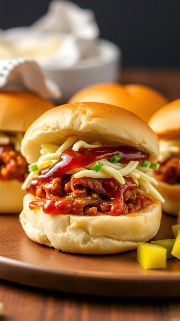 Pulled pork sliders with coleslaw and pickles on a wooden platter.