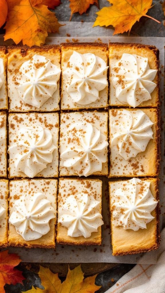 Pumpkin cheesecake bars topped with whipped cream, surrounded by small pumpkins and autumn leaves.