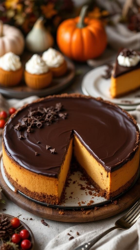 A slice of pumpkin cheesecake topped with chocolate ganache and whipped cream, surrounded by autumn decorations.