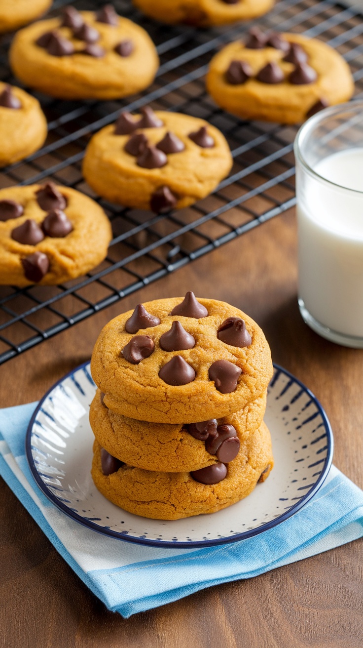 Pumpkin chocolate chip cookies stacked on a plate with more cookies in the background