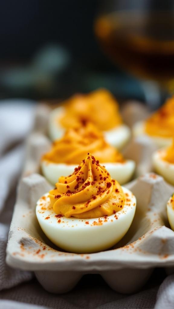 Pumpkin Deviled Eggs arranged in an egg carton, topped with paprika.