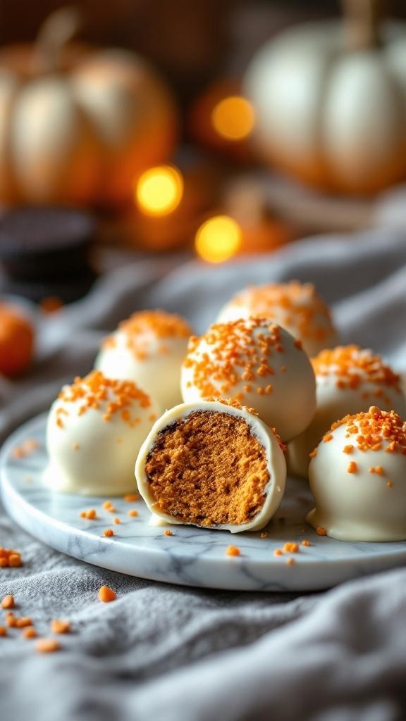 A plate of Pumpkin Oreo Truffles with orange sprinkles, surrounded by pumpkins and warm lights.