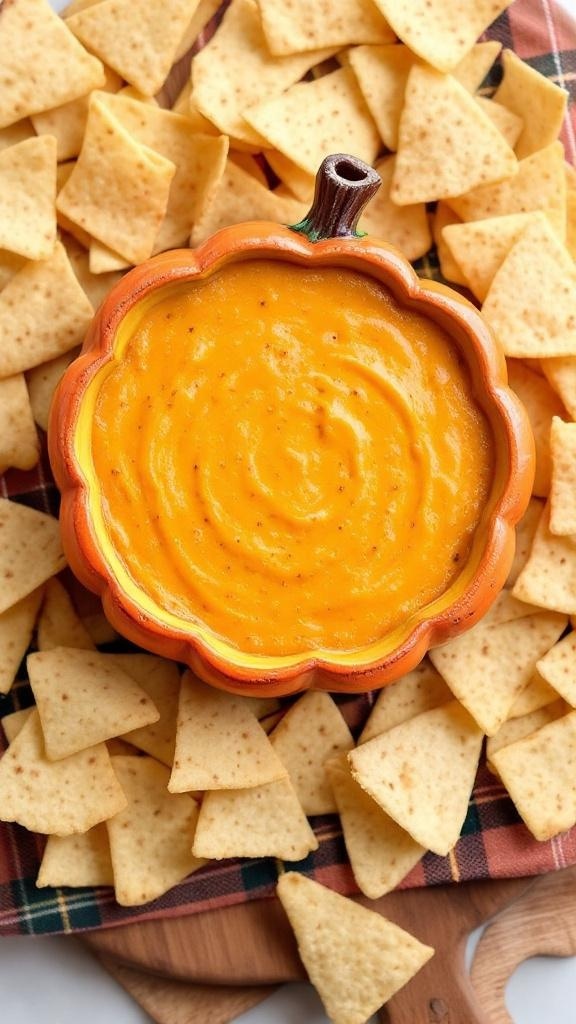 A bowl of creamy pumpkin queso dip surrounded by tortilla chips