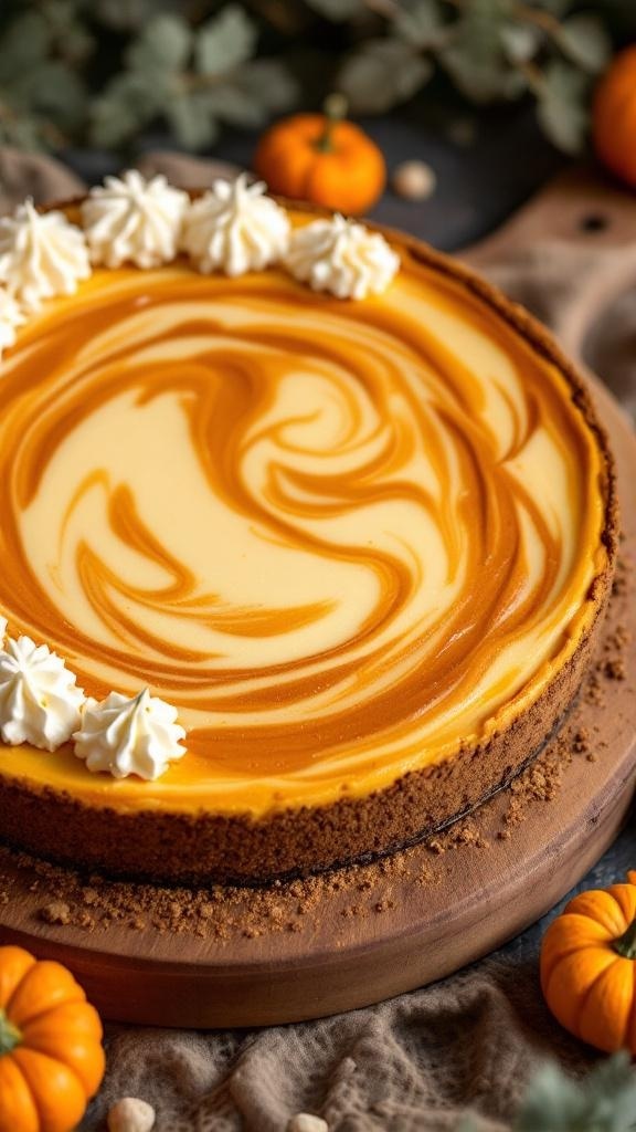 Pumpkin Swirl Cheesecake with Gingersnap Crust surrounded by small pumpkins