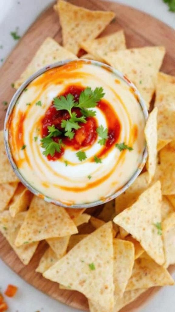 A bowl of queso dip garnished with cilantro and hot sauce, surrounded by tortilla chips.