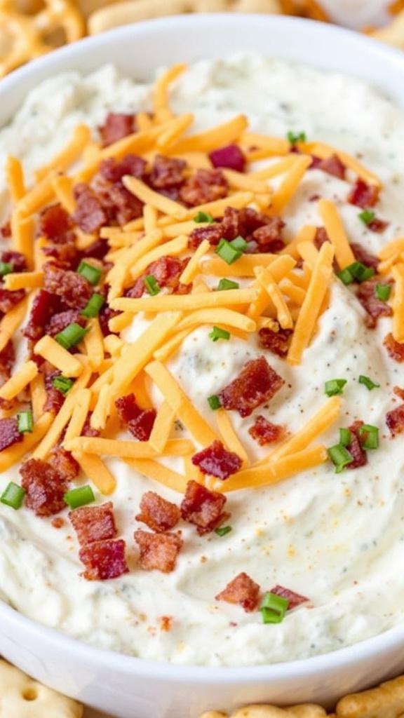 A creamy ranch dip topped with red bell pepper and green onions, surrounded by various snacks.