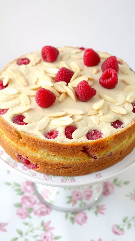 A delicious raspberry almond cake topped with fresh raspberries and sliced almonds.