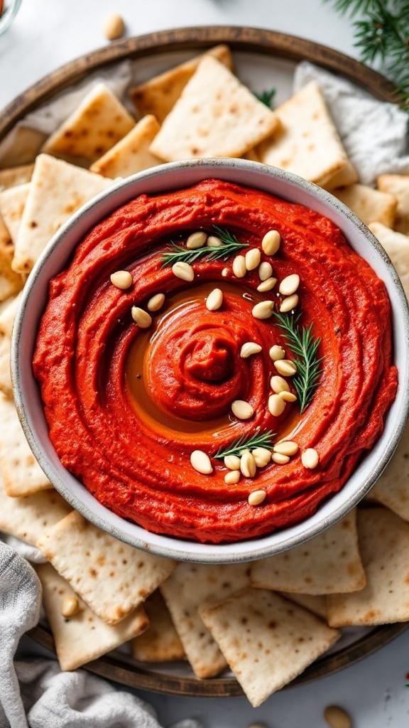 A bowl of red pepper and feta dip surrounded by pita chips, garnished with pine nuts.