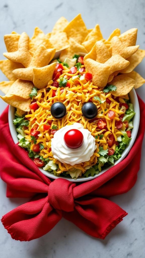 A festive Reindeer Taco Dip decorated with tortilla chips, cheese, and vegetables, served in a bowl with a red scarf.
