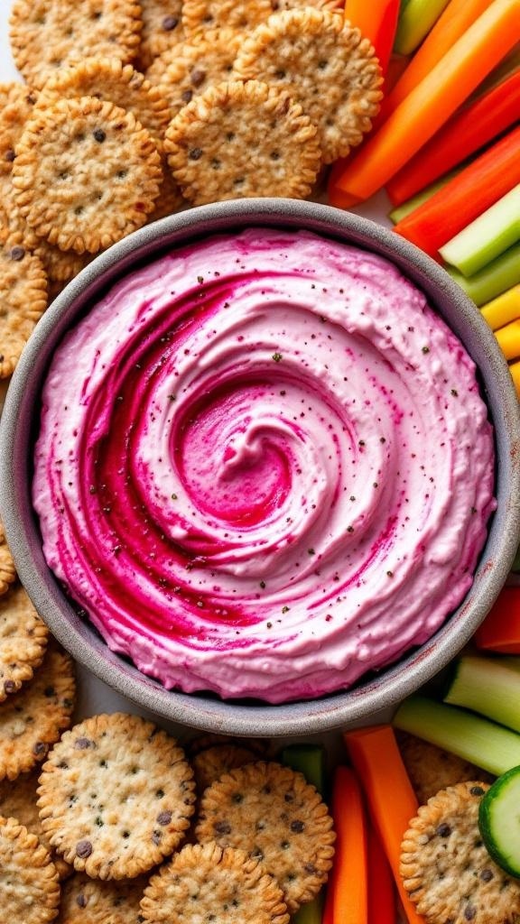 A vibrant roasted beet and goat cheese dip surrounded by crackers and vegetable sticks.