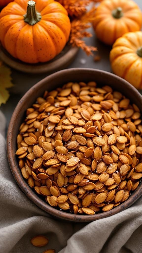 A bowl of roasted pumpkin seeds surrounded by small pumpkins and autumn leaves.