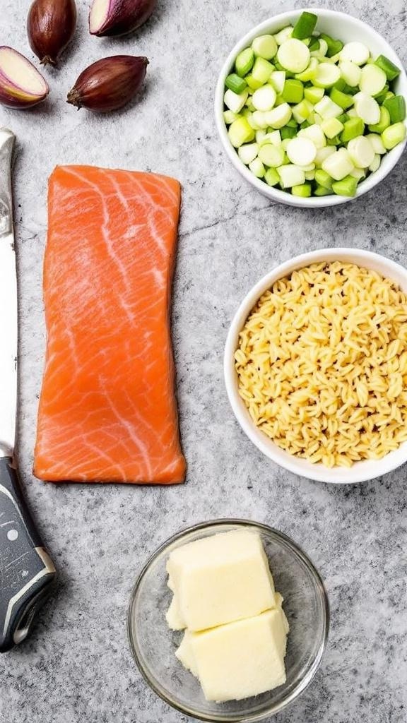 Ingredients for salmon and leek orzo