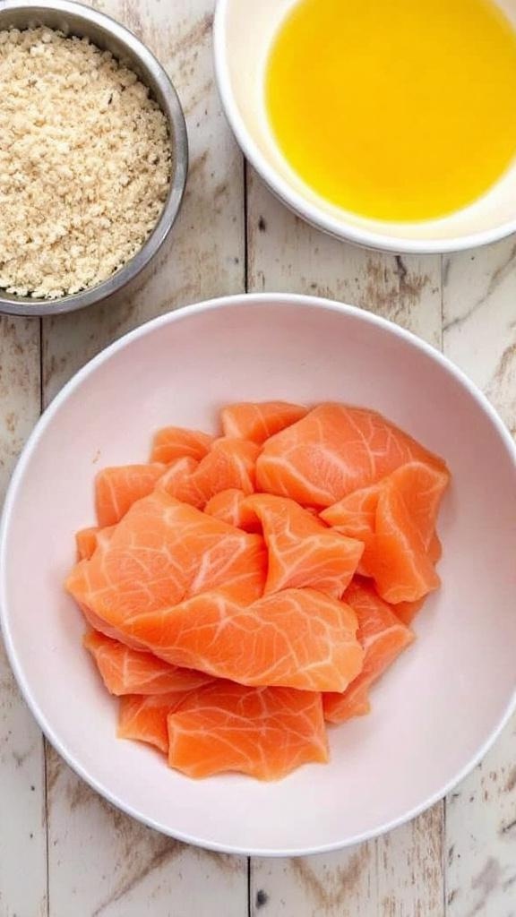 Ingredients for salmon patties including salmon, eggs, breadcrumbs, and herbs.