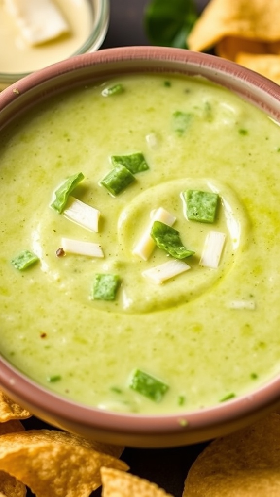 A bowl of Salsa Verde Queso Dip with tortilla chips