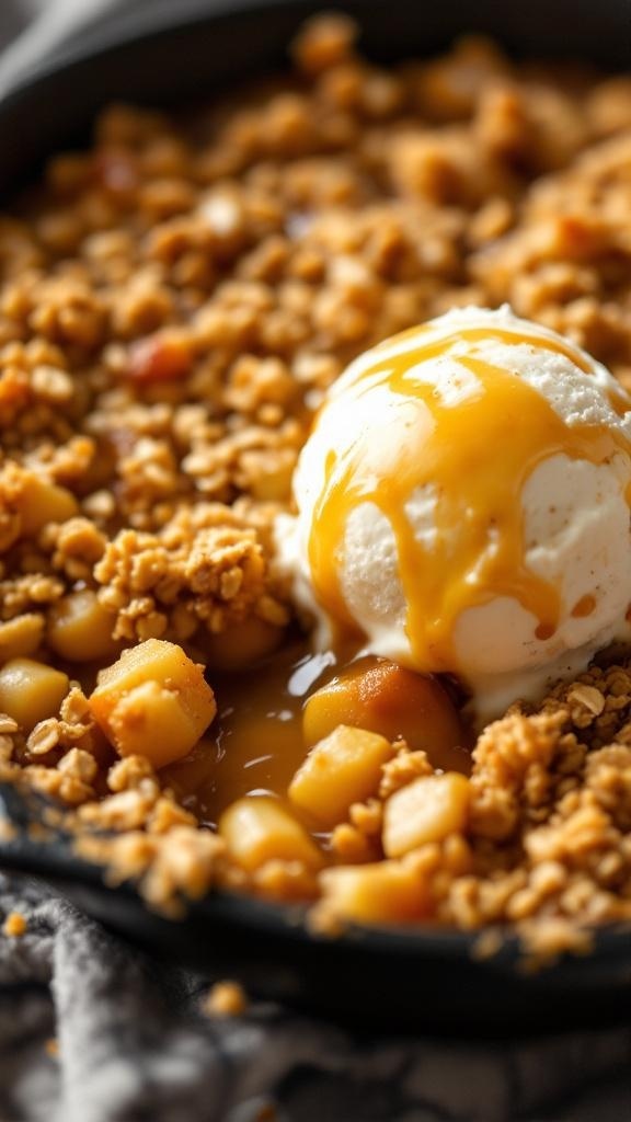 A delicious salted caramel apple crumble topped with ice cream and caramel sauce.