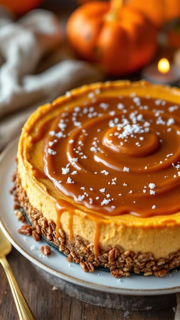 A beautifully presented Salted Caramel Pumpkin Cheesecake topped with caramel sauce and pecans, surrounded by candles and decorative pumpkins.