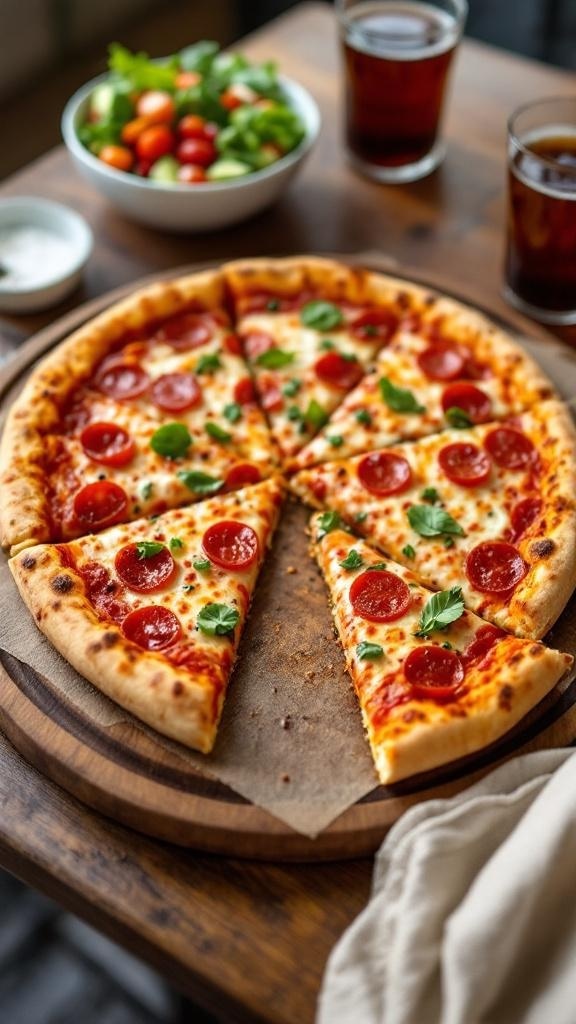 A delicious homemade pepperoni pizza with fresh toppings.