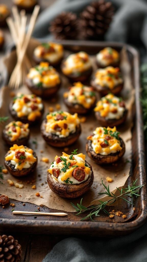 A tray of sausage-stuffed mushrooms topped with cheese and herbs, ready to serve.