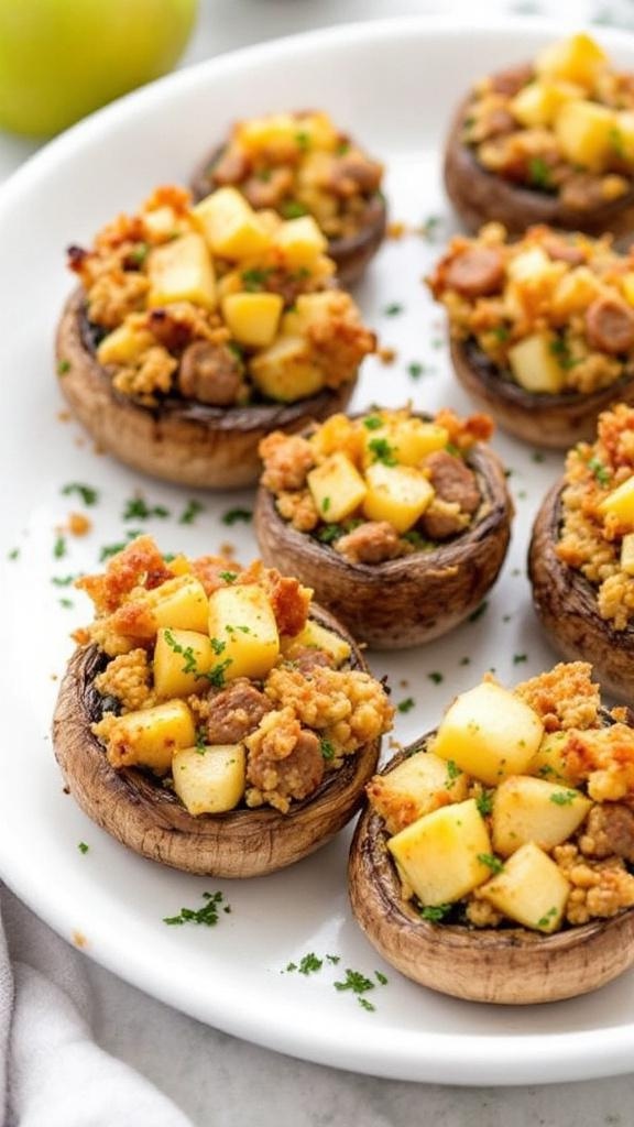 A plate of sausage and apple stuffed mushrooms, garnished with parsley.