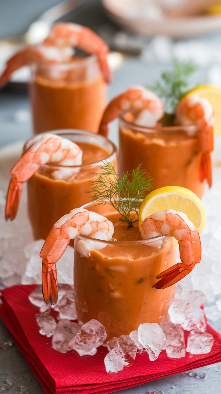 A festive shrimp cocktail garnished with lemon and dill, served in a glass.