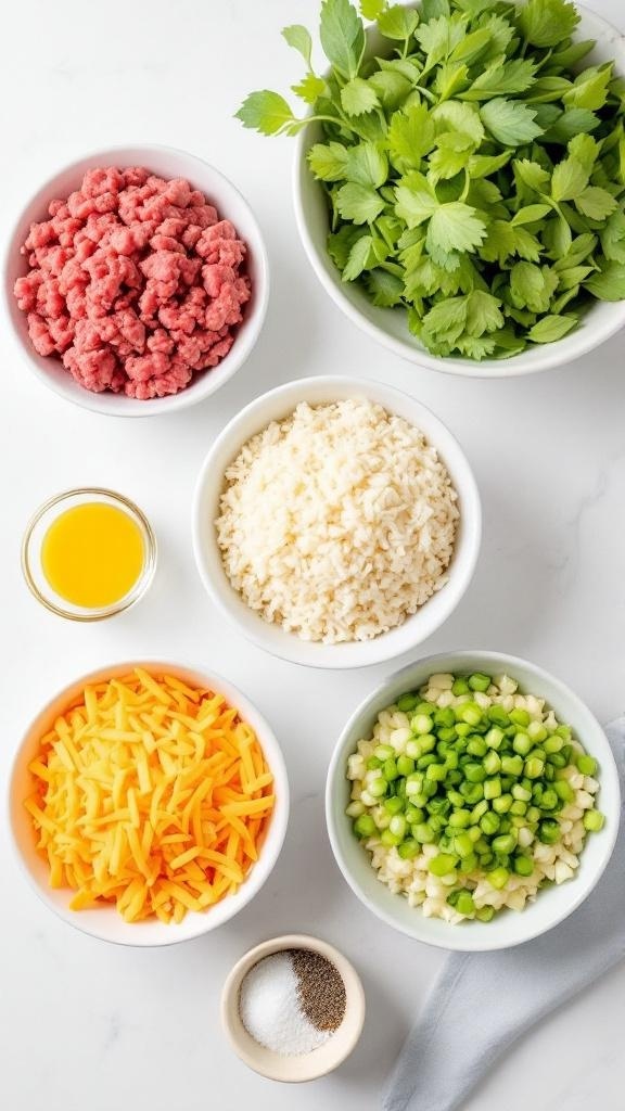 Ingredients for Sloppy Joe Bowl including ground beef, rice, cheese, green onions, cilantro, olive oil, salt, and pepper.