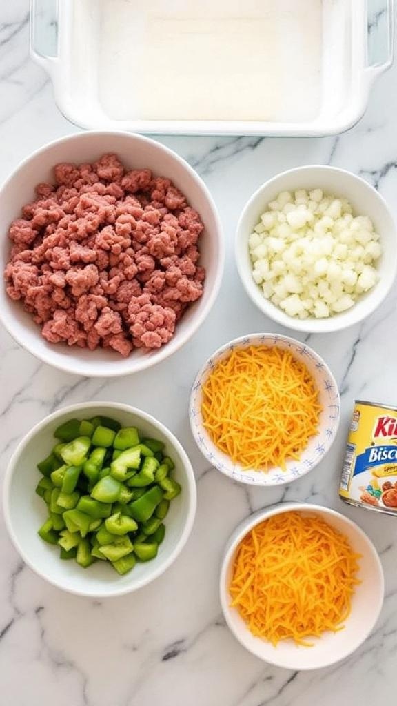 Ingredients for Sloppy Joe Casserole laid out on a countertop.