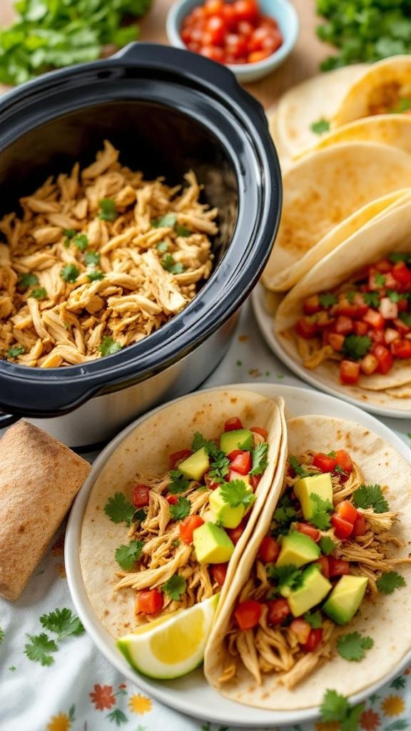 Slow Cooker Chicken Tacos with shredded chicken, avocado, and salsa in tortillas