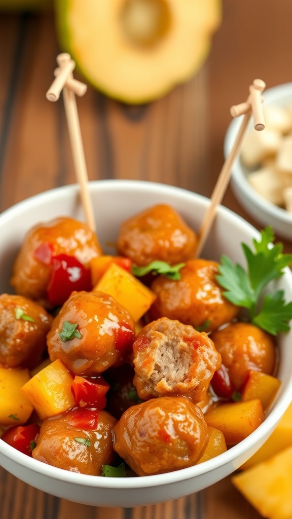 A bowl of Hawaiian meatballs with pineapple and bell peppers, garnished with cilantro.