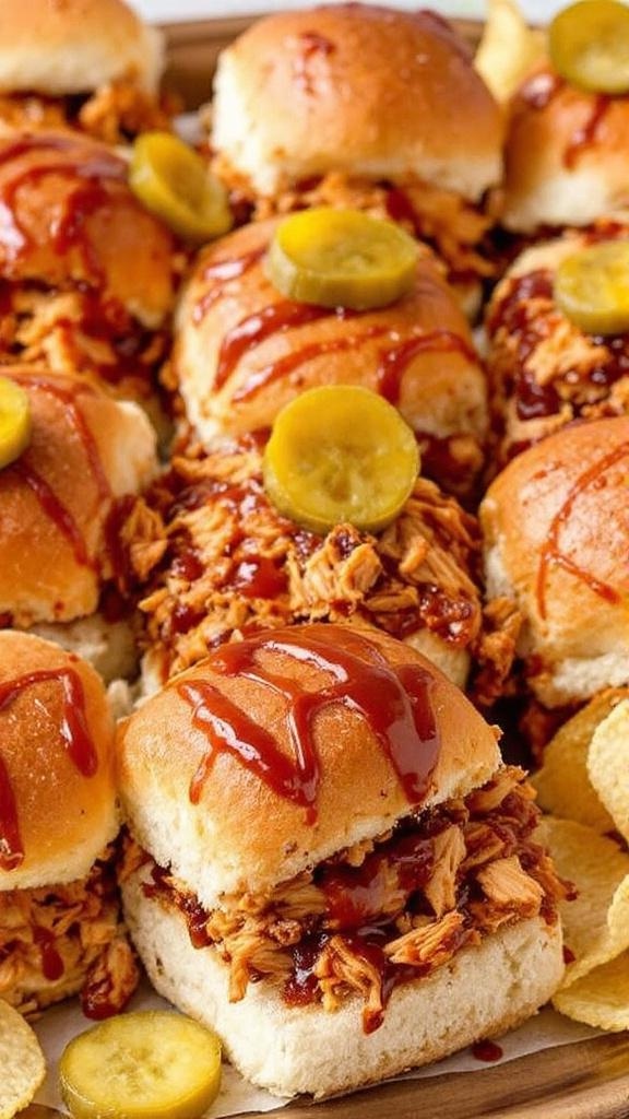 A plate of delicious pulled chicken sliders topped with BBQ sauce and jalapenos, served with chips.