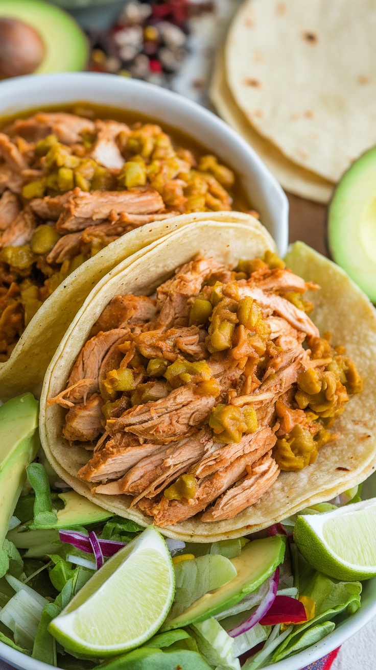 A delicious plate of Slow Cooker Salsa Verde Chicken served with tortillas and fresh toppings.