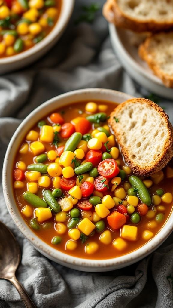 A bowl of colorful summer vegetable soup with diced tomatoes, squash, and green beans, served with bread.
