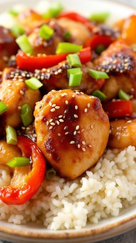 A bowl of slow cooker teriyaki chicken served over rice, garnished with green onions and sesame seeds.