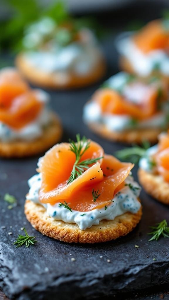 Smoked salmon and blue cream cheese crackers on a slate board