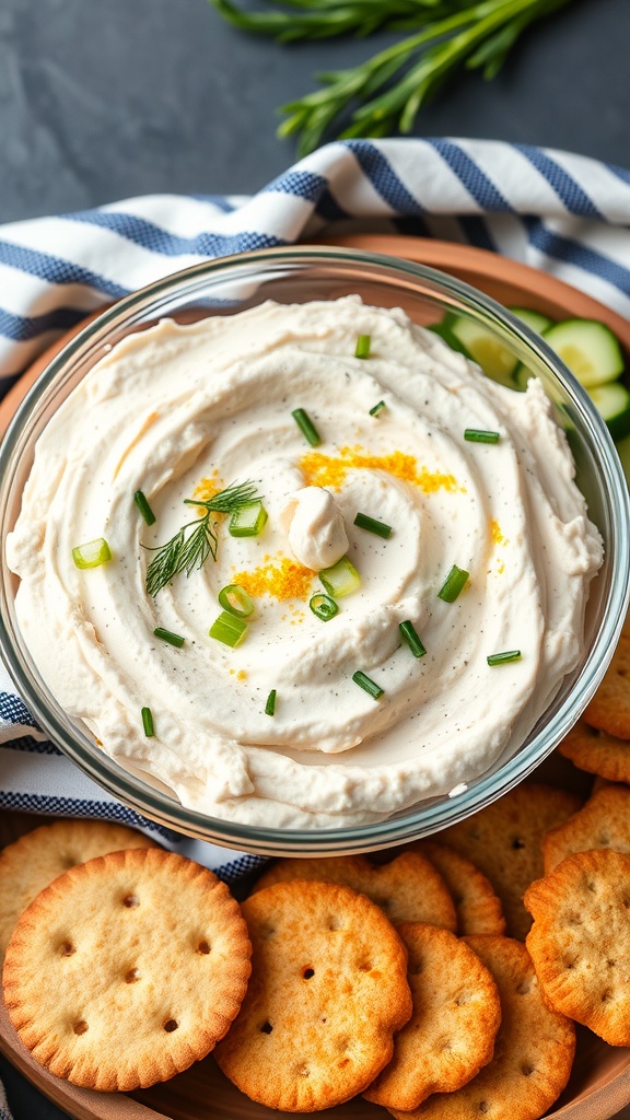A bowl of smoked salmon and cream cheese dip garnished with herbs, surrounded by crackers.