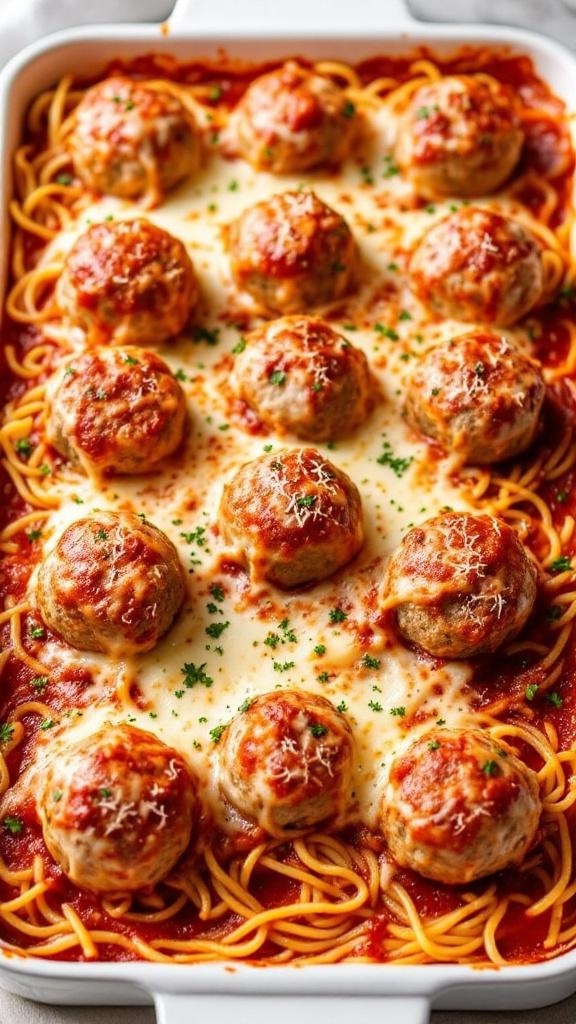 A delicious Spaghetti and Meatballs Bake with melted cheese on top.