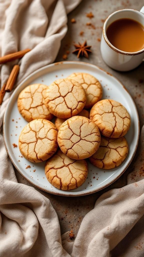 A plate of spiced chai snickerdoodle cookies with a cup of tea