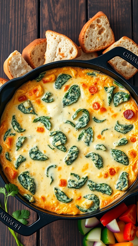 A warm spinach and artichoke dip served in a cast iron skillet, surrounded by slices of bread and colorful vegetables.