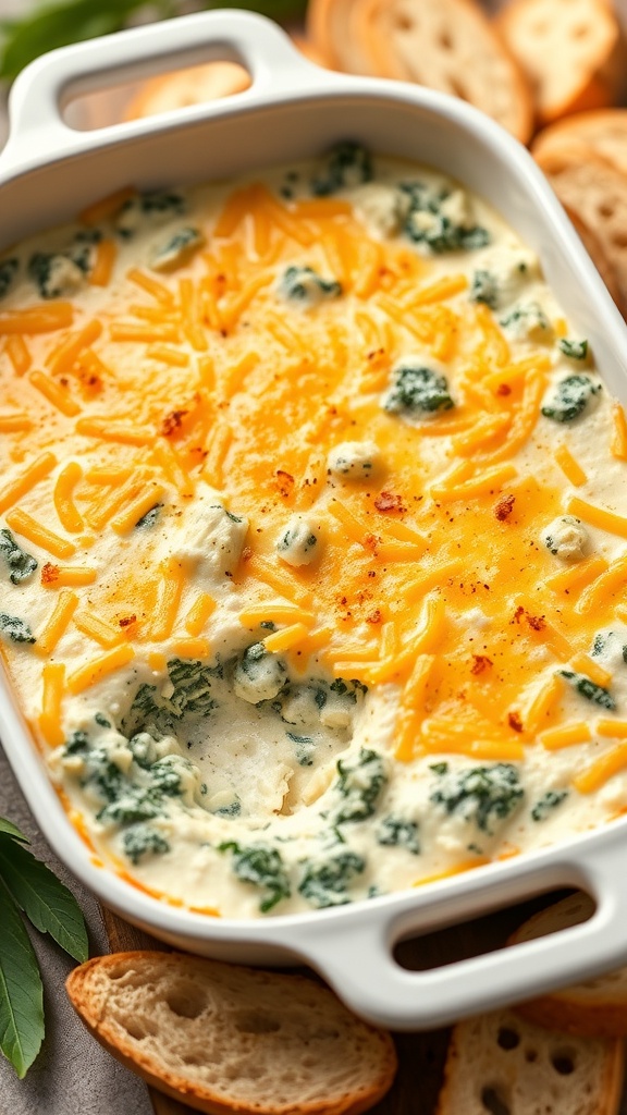 A creamy spinach and artichoke dip in a white baking dish, surrounded by slices of bread.
