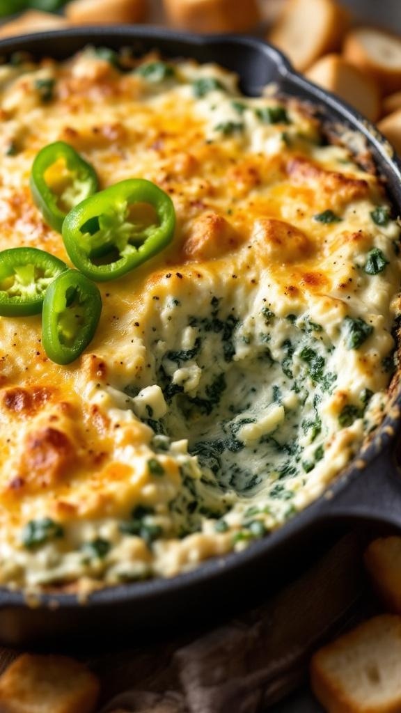 A creamy spinach and artichoke dip in a skillet, garnished with bread pieces.