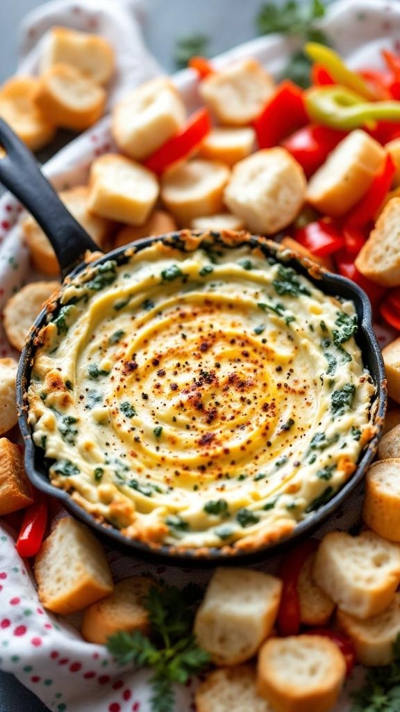 A warm spinach and artichoke dip served in a skillet with bread cubes around it.