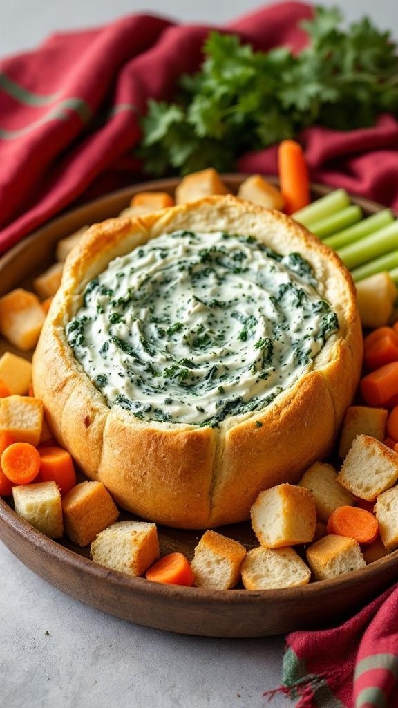 A delicious spinach dip served in a bread bowl, surrounded by colorful vegetable sticks and bread cubes.