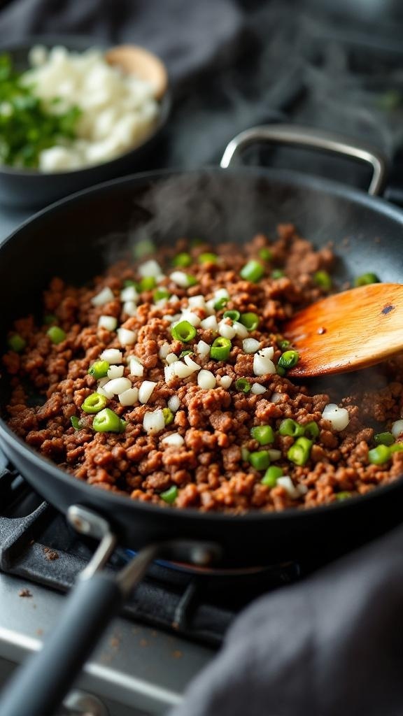 A skillet with browned ground beef and chopped green onions, ready for a casserole.