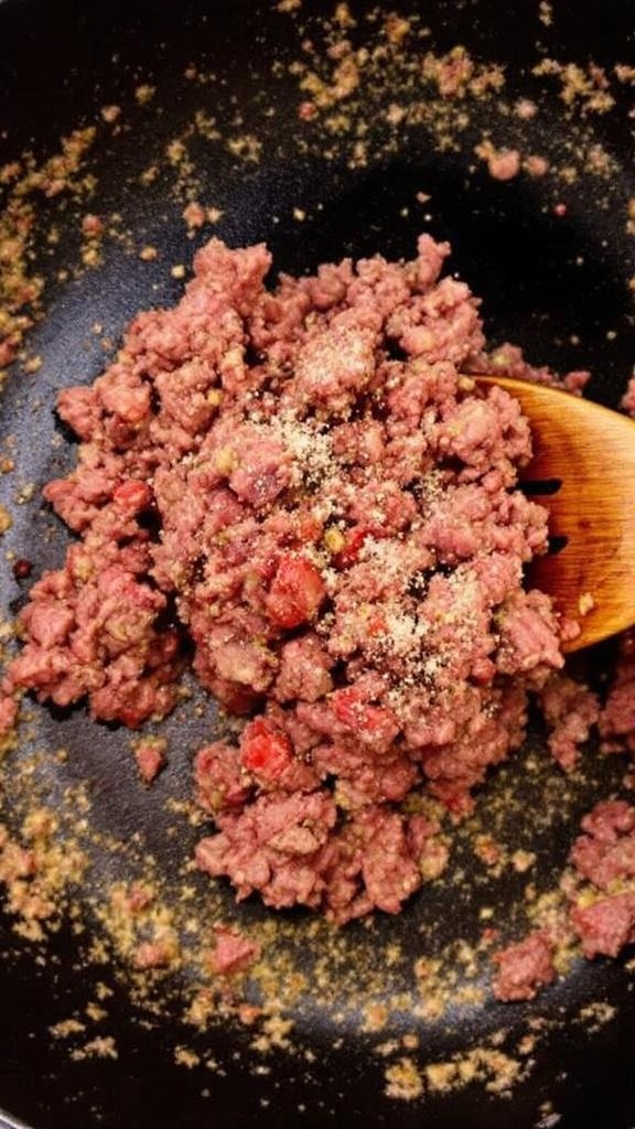 Ground beef browning in a skillet with wooden spoon