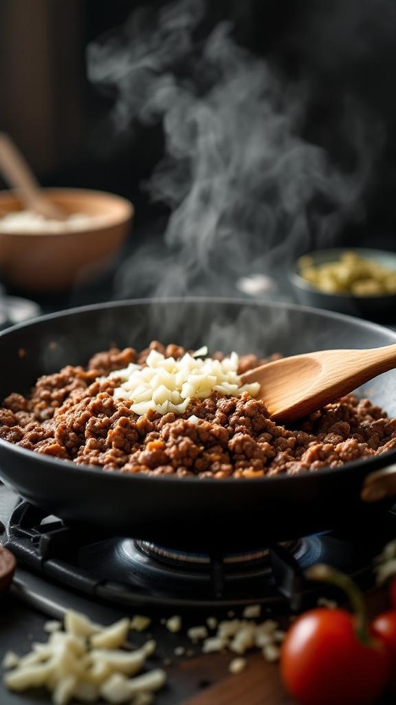 Ground beef and onion cooking in a skillet with steam rising