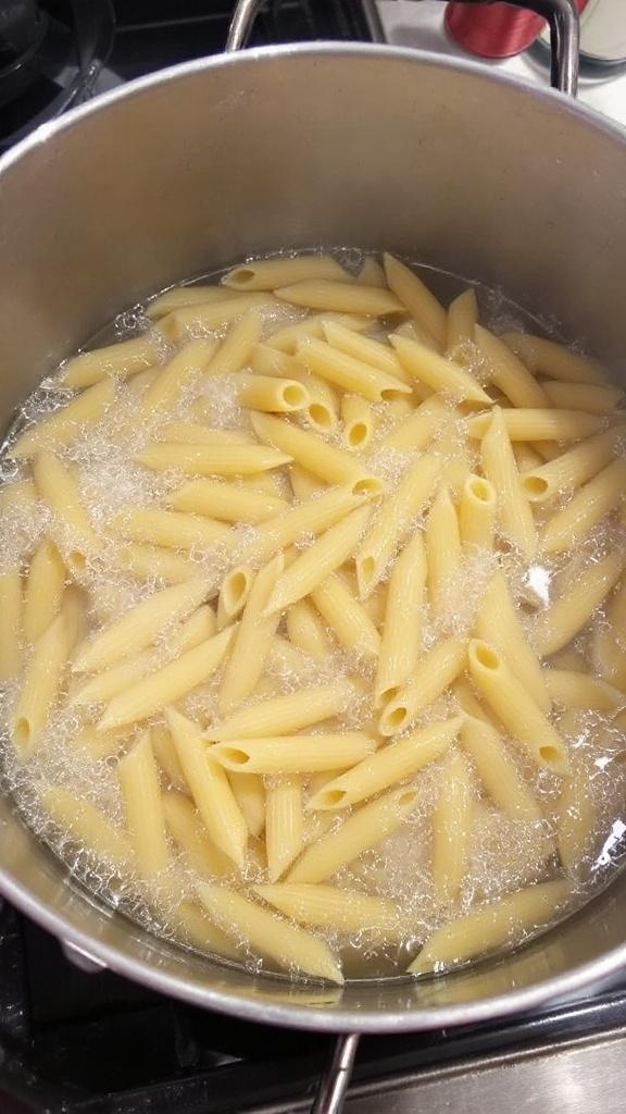 A pot of pasta boiling on the stove.