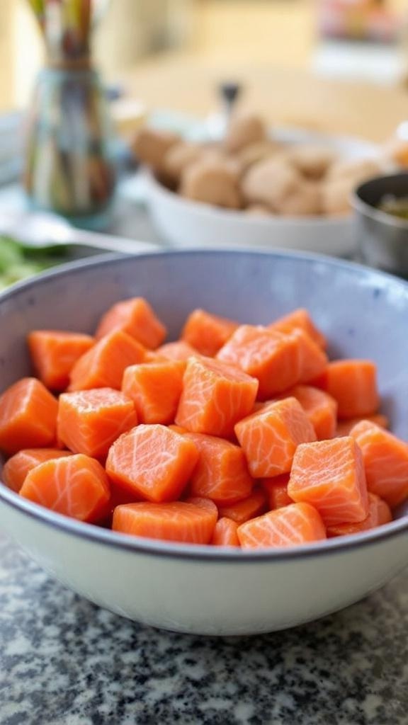 Fresh salmon fillet on a wooden cutting board with herbs and salt