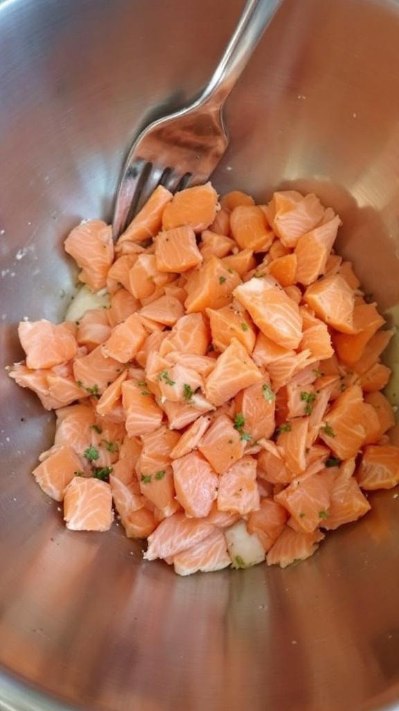 Bowl of flaked salmon with a fork