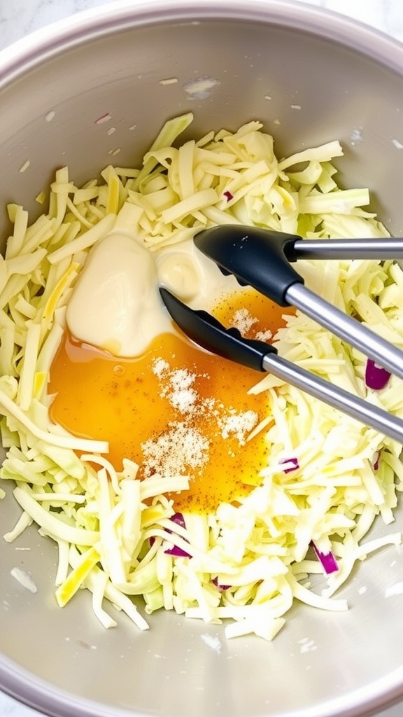 A bowl of shredded cabbage, carrots, and dressing for slaw preparation.