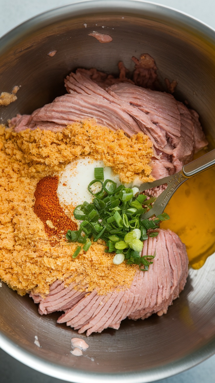 A bowl of mixed ingredients for baked buffalo chicken meatballs, featuring ground chicken, breadcrumbs, and green onions.