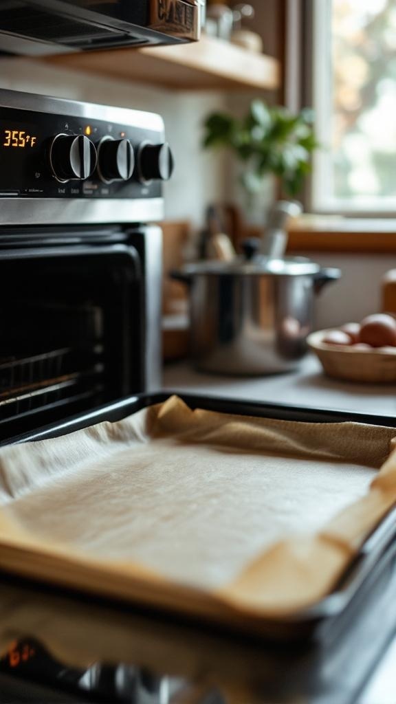 An oven preheating with a lined baking tray ready for candied bacon twists.
